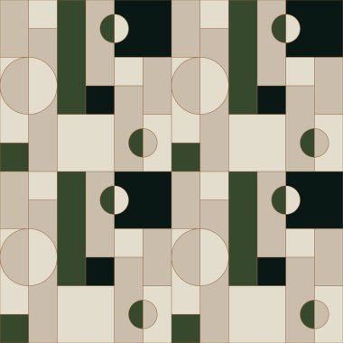 Basit geometrik formlarla yapılmış evrensel soyut, dikişsiz geometrik desen tasarımı. Bauhaus. Sıralı. Soyut kompozisyon, dekorasyon için kullanışlı, duvar kağıtları, tekstil, kapaklar, baskılar, ambalaj