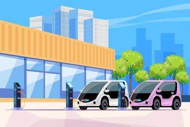 Yeşil şehirli şarj istasyonunda elektrikli araba. Elektrikli araç şarj istasyonları tüm şehre yayılmış durumda. Arka planda şehir binası. vektör illüstrasyonu