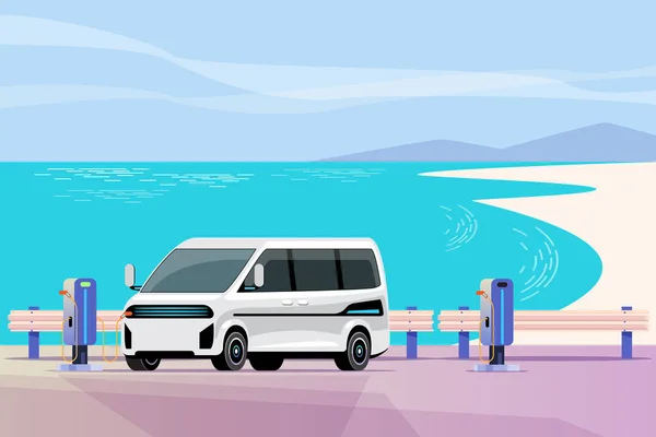 stock vector Electric vehicle charging station on the beach. Electric vehicle charging stations at tourist attractions. Beach skyline in background. EV Car boost tourism business with clean energy. vector illustration