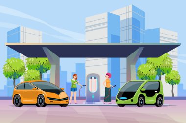 Şehir yaşamını destekleyen elektrikli araç şarj istasyonu. Kadın şarj istasyonunda elektrikli arabayı şarj ediyor. Şehir toplumunda yaşama kavramı. yeşil enerji kavramı, vektör illüstrasyonu