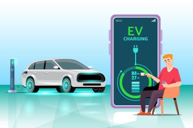 Elektrikli aracın şarj durumunu gösteren mobil uygulama. EV araba yönetimi için mobil uygulama. Elektrikli taşıt yükü kavramı.