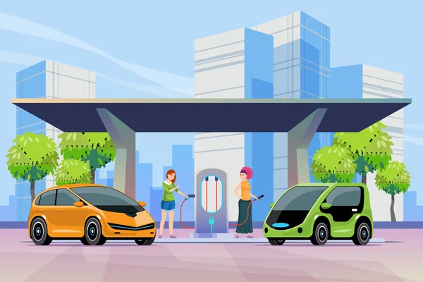 stock vector Electric vehicle charging station that supports urban life. Woman charging electric car on charging station. Concept of living in urban society. green energy concept, vector illustration