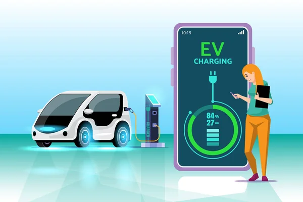 移动应用 说明电动汽车的充电状态 Ev汽车管理的移动应用 电动车收费概念 — 图库矢量图片#