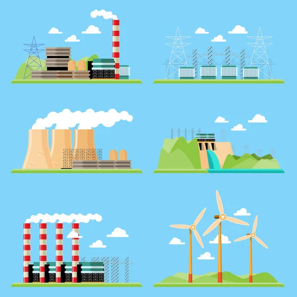 クリーンで汚染された発電量を示すベクトル図 工場発電 石炭発電 原子力発電 風力発電 水力発電 — ストックベクタ