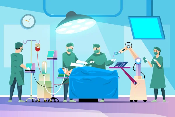 在手术室里帮外科小组拿手术用品的机器人 — 图库矢量图片#