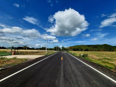 Mavi gökyüzü ve beyaz bulutlarla kırsalda asfalt yol.