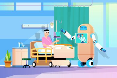 İyileşme odasındaki hastalarla ilgilenen bir robot kameraları, monitörleri ve doktorları olan bir ağ sistemiyle kontrol edilebilir. Hastane yatağında bir hastayla hastane odasının temsili çizimi..