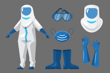 Kişisel Koruyucu Malzeme setinin vektör çizimi. ayakkabılar, maske, gözlükler, farklı giyim türleri.