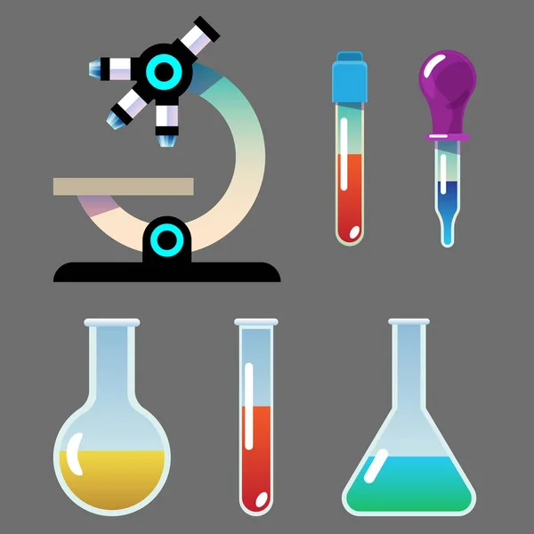 显微镜放在桌上 化学和生物研究工具 科学图标设定 显微镜 瓶的矢量图解 — 图库矢量图片