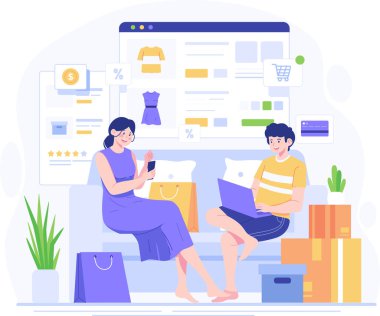 İnternetten alışveriş konsepti. Düz bir şekilde vektör illüstrasyonu. Kadın ve erkek kanepede oturur ve akıllı telefon kullanır. Malları sipariş et ve çabuk ve kolay bir şekilde getir. İnternet sitesinden ya da mobil uygulamadan online alışveriş. Vektör illüstrasyonu.