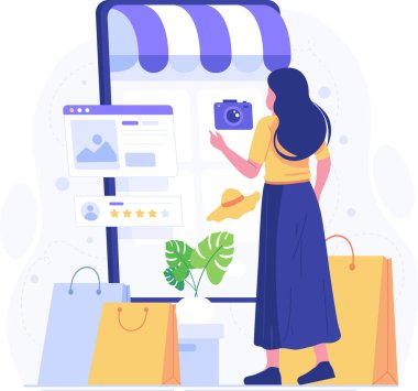 Sancak, web sitesi tasarımı veya iniş web sayfası için çevrimiçi vektör konsepti alışverişi. İnternet sitesinden ya da mobil uygulamadan online alışveriş. E-ticaret ve teslimat konsepti. Vektör illüstrasyonu.