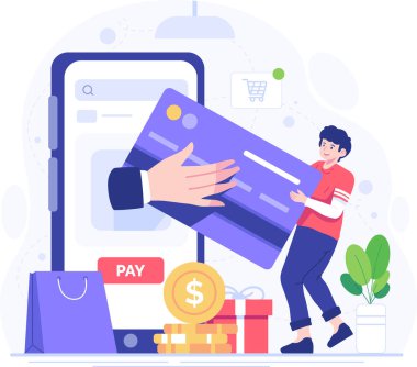 Çevrimiçi ödeme konsepti düz tasarım. E-ticaret, online alışveriş, mobil ödemeler. Vektör illüstrasyonu