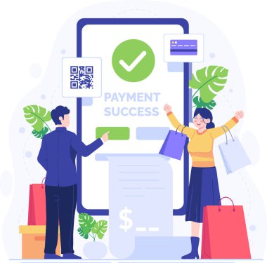 Çevrimiçi alışveriş konsepti vektör illüstrasyonunda düz stil. Kredi kartı, cep telefonu, kredi kartı ve alışveriş torbalarıyla online ödeme. Malları sipariş et ve çabuk ve kolay bir şekilde getir. Vektör illüstrasyonu.