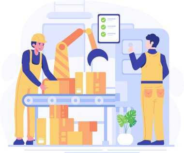 Depo robotik kol dizme paketi. Depo işçileri üretim hattında çalışıyor. Depo çalışanları karton kutular yapıyor. Vektör illüstrasyonu