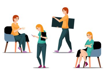 Ofisteki iş kadını. Karakterler, iş adamları, toplantı, eğitim, takım çalışması. Ofis personeli. Vektör illüstrasyonu