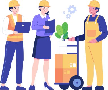 Kutulu üniformalı bir teslimatçı ve kadın. Üniformalı ve şapkalı kadın ve erkek depo çalışanları. Vektör illüstrasyonu