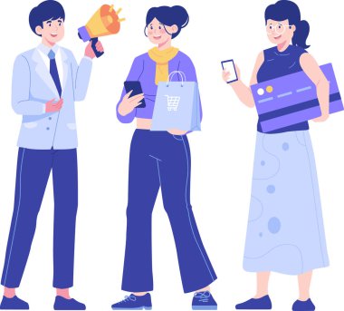 Alışveriş torbaları tutan ve cep telefonu kullanan genç bir adam ve kadın. İnternetten alışveriş konsepti. Vektör illüstrasyonu
