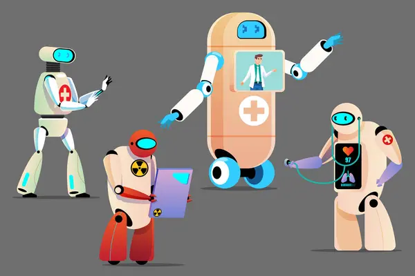 Los Robots Encargan Los Pacientes Generales Tecnología Cuidado Pacientes Discapacitados — Vector de stock
