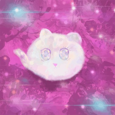 Pembe arka planda tüylü kedi. Şirin kedi taslak vektör çizimi.