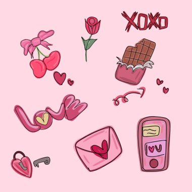 Pembe arka planda Sevgililer Günü süsleri. El çizimi vektör illüstrasyonu.