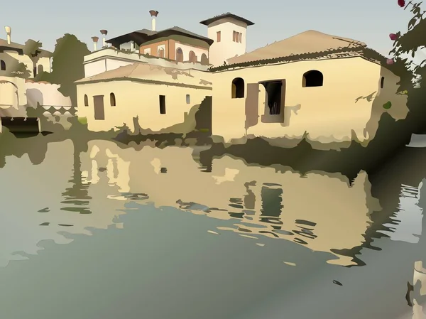 Generated Digital Art Illustration Ancient Buildings Mirrored River — Stock Photo, Image