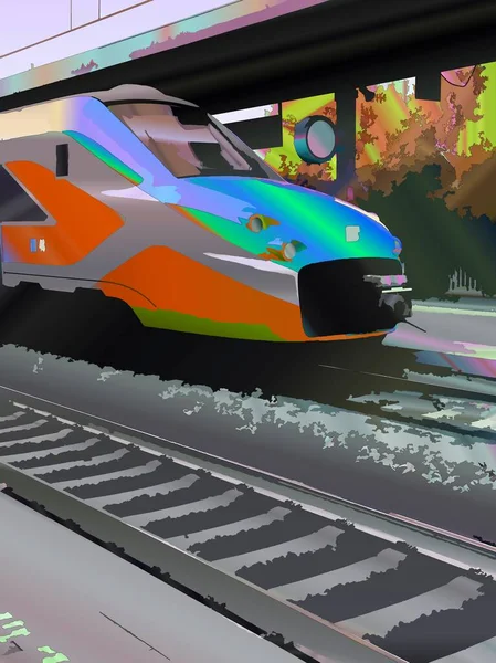 人工知能デジタルアート駅に停車する機関車のイラスト — ストック写真