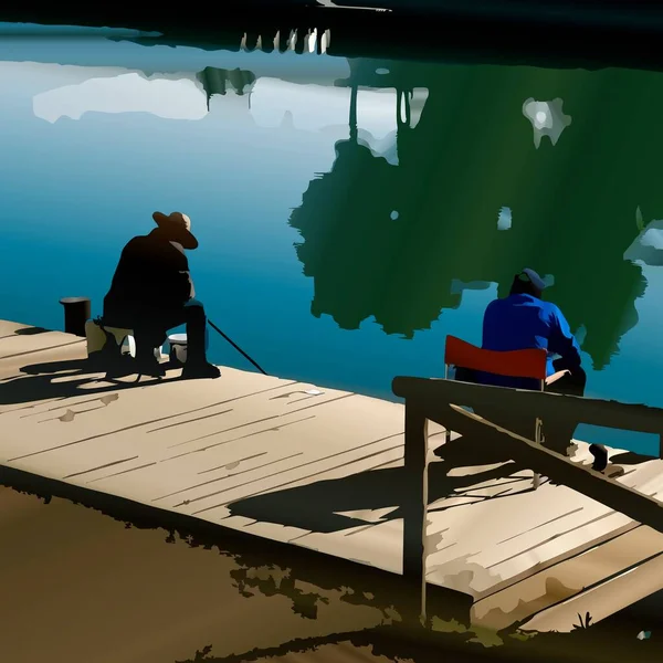 Ai制作的沿河渔民数字艺术图解 — 图库照片