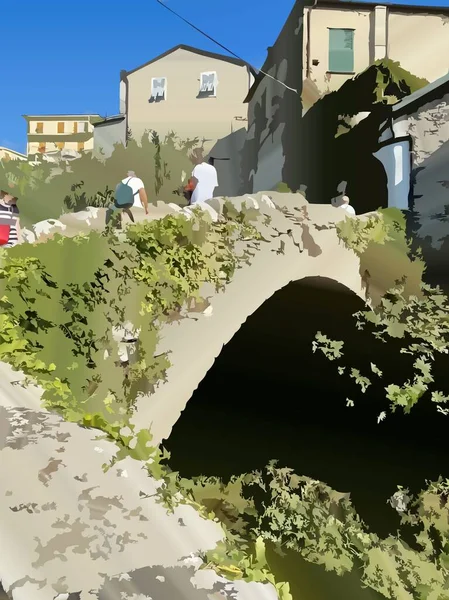 Digital art illustration generated by artificial intelligence of historic village with bridge