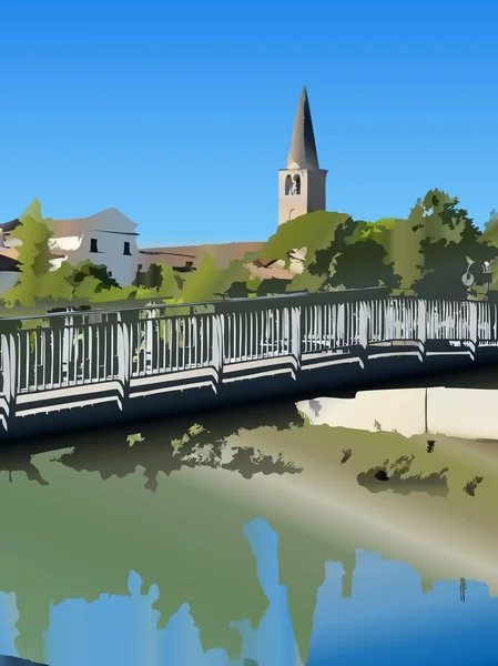 Digital art illustration generated by artificial intelligence bridge over the river with bell tower background