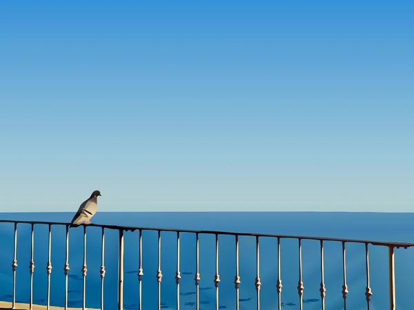 Digital art illustration generated by artificial intelligence pigeon watching the sea