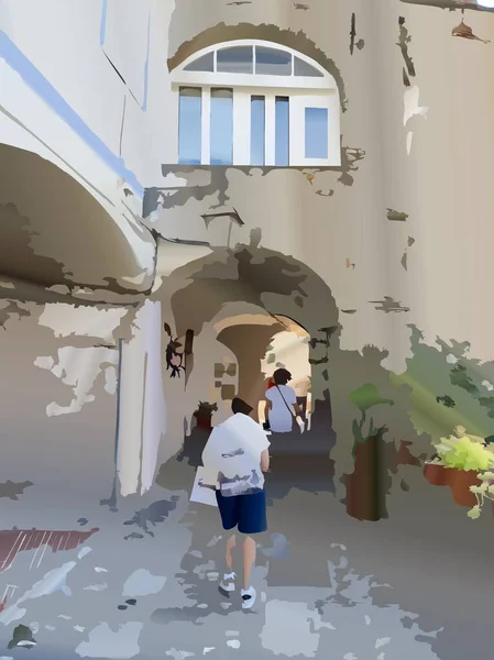 Digital art illustration generated by artificial intelligence people strolling under a porch