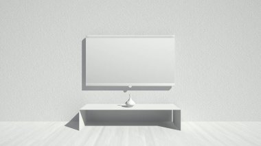 Beyaz televizyonlu bir duvarın ve zeminin 3 boyutlu modellenmesi ve canlandırılması