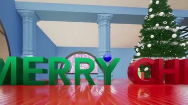 Kemerli pencereli renkli bir ortamın 3 boyutlu modellemesi ve Noel ağacı ile neşeli Noel metni