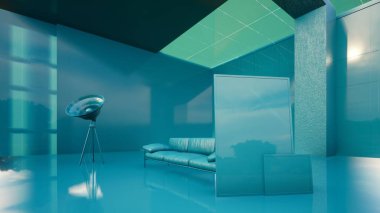 Geniş pencereli ve minimalist mobilyalı bir açık alan ortamının 3 boyutlu modellemesi