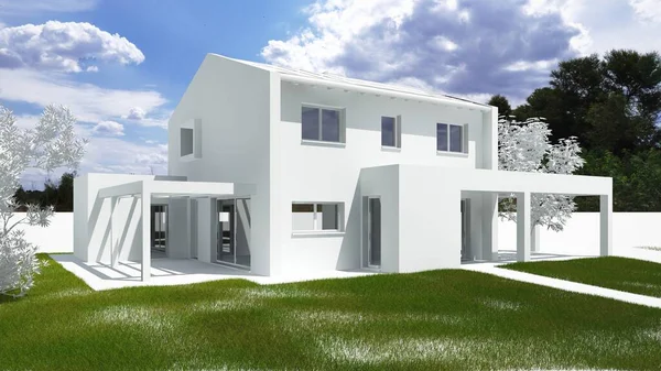 Modellierung Eines Ganz Weißen Wohnhauses Mit Gras Und Buntem Himmel Stockfoto