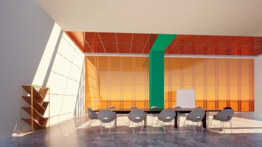 Geniş pencereli ve minimalist mobilyalı bir açık alan ortamının 3 boyutlu modellemesi