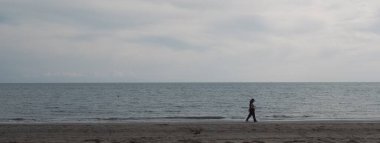 Uzaktan, sahil boyunca ve deniz kenarında yürüyen biri görüldü.