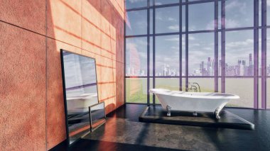 Açık bir uzay odasının 3 boyutlu modellemesi ve tasarımı ve minimalist banyo mobilyaları olan büyük pencereler.