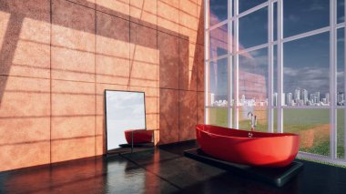 Açık bir uzay odasının 3 boyutlu modellemesi ve tasarımı ve minimalist banyo mobilyaları olan büyük pencereler.