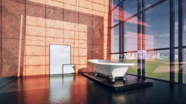Açık bir uzay odasının 3 boyutlu modellemesi ve tasarımı ve minimalist banyo mobilyaları olan büyük pencereler.