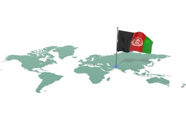 Vurgulanmış bir ülke olan Dünya haritası Afganistan ve rüzgarda dalgalanan bayrak