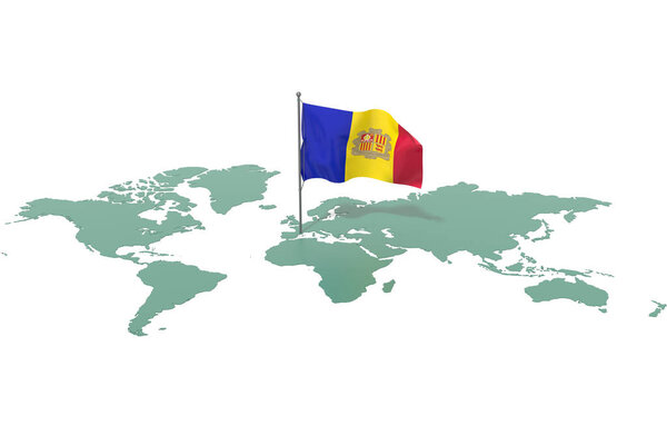 Earth map with highlighted country Andorra and flag flying in the wind