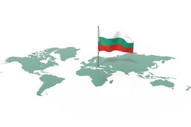 Vurgulanmış Bulgaristan ve rüzgarda dalgalanan bayrağın yer aldığı dünya haritası