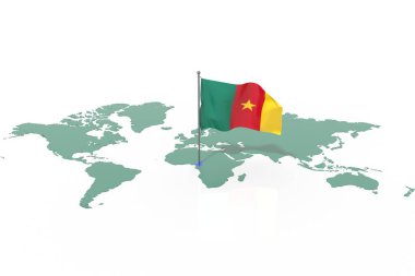 Vurgulanmış ülke haritası Kamerun ve bayrak rüzgarda dalgalanıyor