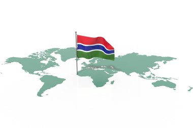 Vurgulanmış bir ülke olan Dünya haritası Gambiya ve rüzgarda dalgalanan bayrak