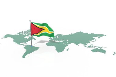 Vurgulanmış bir ülke olan Dünya haritası Guyana ve rüzgarda dalgalanan bayrak