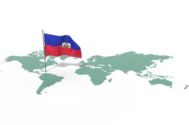 Vurgulanmış bir ülke olan Dünya haritası Haiti ve bayrağı rüzgarda dalgalanıyor