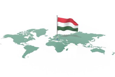 Vurgulanmış Macaristan ve rüzgarda dalgalanan bayrağı olan dünya haritası