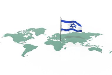Vurgulanmış bir ülke olan dünya haritası İsrail ve rüzgarda dalgalanan bayrak