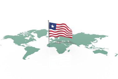 Vurgulanmış bir ülke olan Dünya haritası Liberya ve bayrağı rüzgarda dalgalanıyor